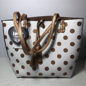 NWT Imoshion USA Vegan Leather Tote Bag Polka dot White /Gold Reversible